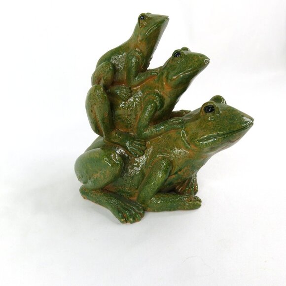 Frog Figurine 3 Stacked Green Frogs  Glazed Realistic 6" x 6" Toad - Picture 2 of 11